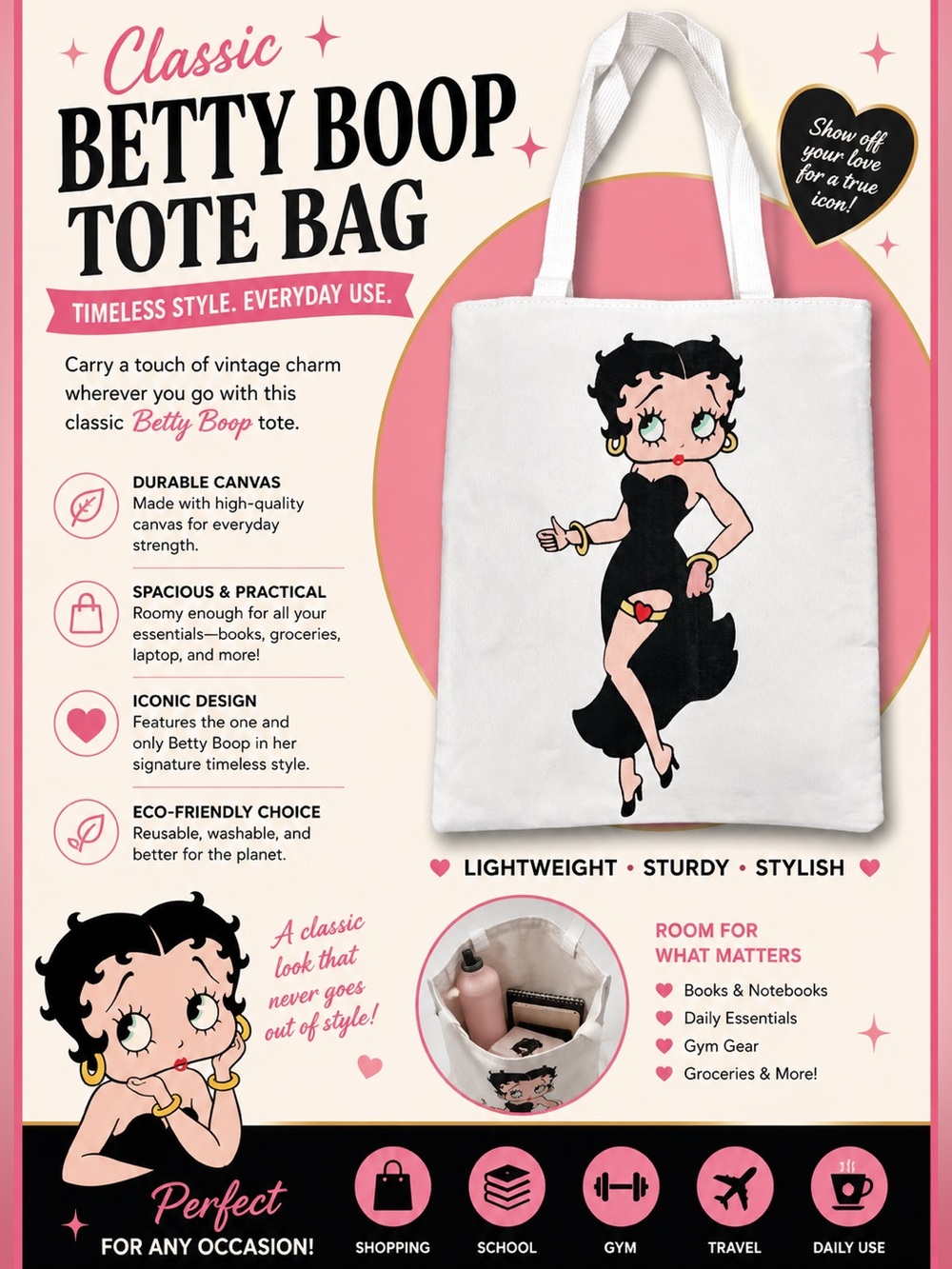 Betty Boop White Canvas Tote with Classic Character Print